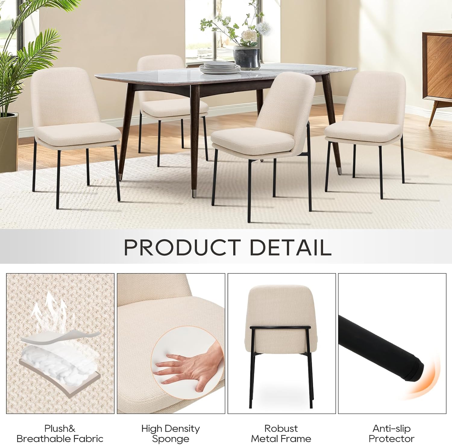 COLAMY Dining Chairs Set of 2, Modern Dining Chairs, Fabric Upholstered Dining Chairs, Kitchen Chairs with Curved Back and Metal Legs for Dining Room Kitchen Restaurant, Beige