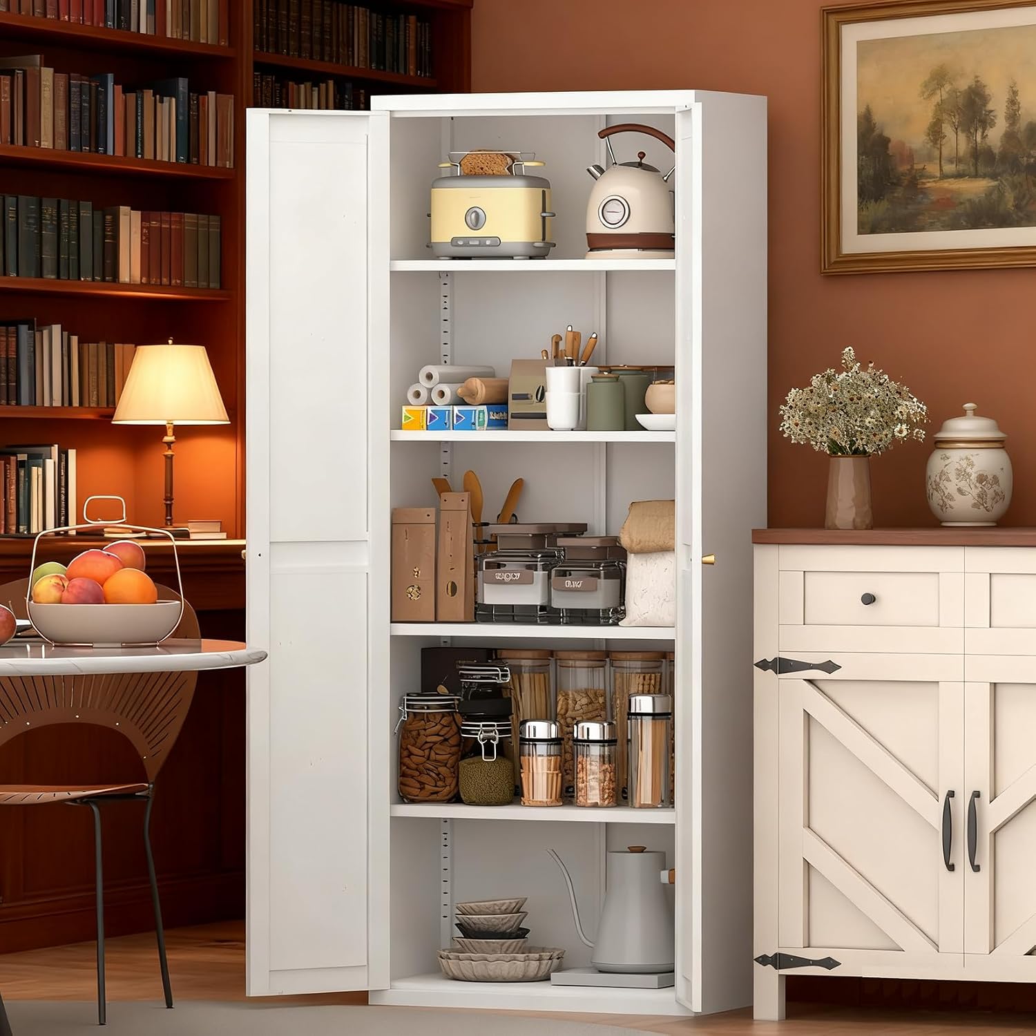 71" Tall Kitchen Pantry Cabinet, Metal Pantry Storage Cabinet with Adjustable Shelves, Freestanding Locker for Kitchen, Dining Room, Living Room, White