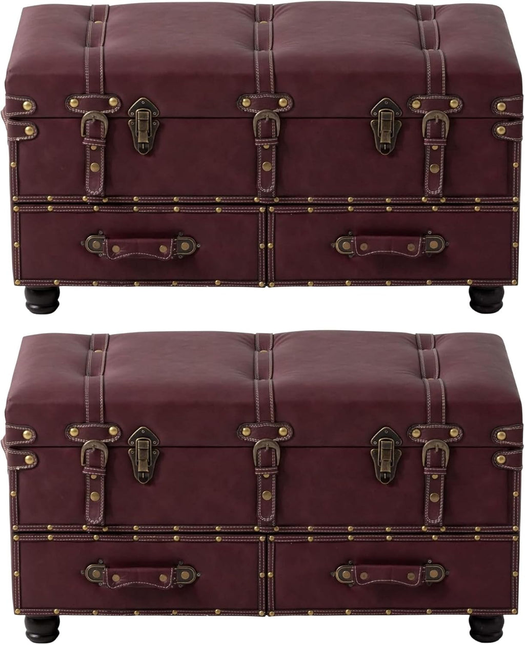 COZAYH Set of 2 Vintage Mid-Century Storage Ottoman Bench - Upholstered Padded Chest for Entryway, Bedroom, Living Room - Dark Magenta
