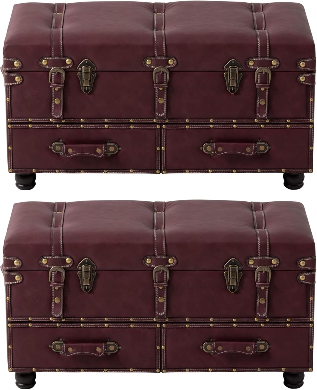 COZAYH Set of 2 Vintage Mid-Century Storage Ottoman Bench - Upholstered Padded Chest for Entryway, Bedroom, Living Room - Dark Magenta