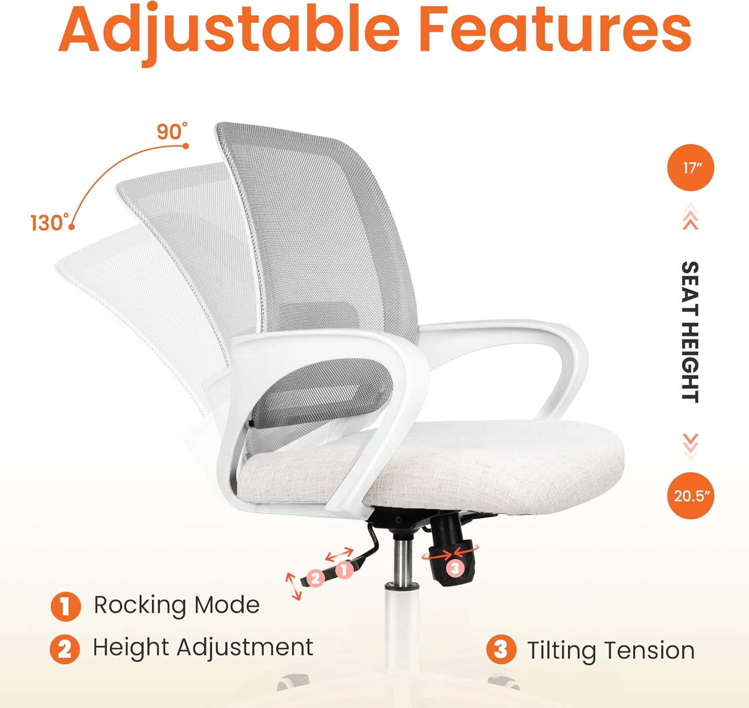 NEO Chair Office Desk Computer Ergonomic Chair Comfy Mid Back Mesh Seat with Lumbar Support Adjustable Height Swivel Rolling Wheels for Home Task Vanity Study Bedroom (Ivory-White Frame)