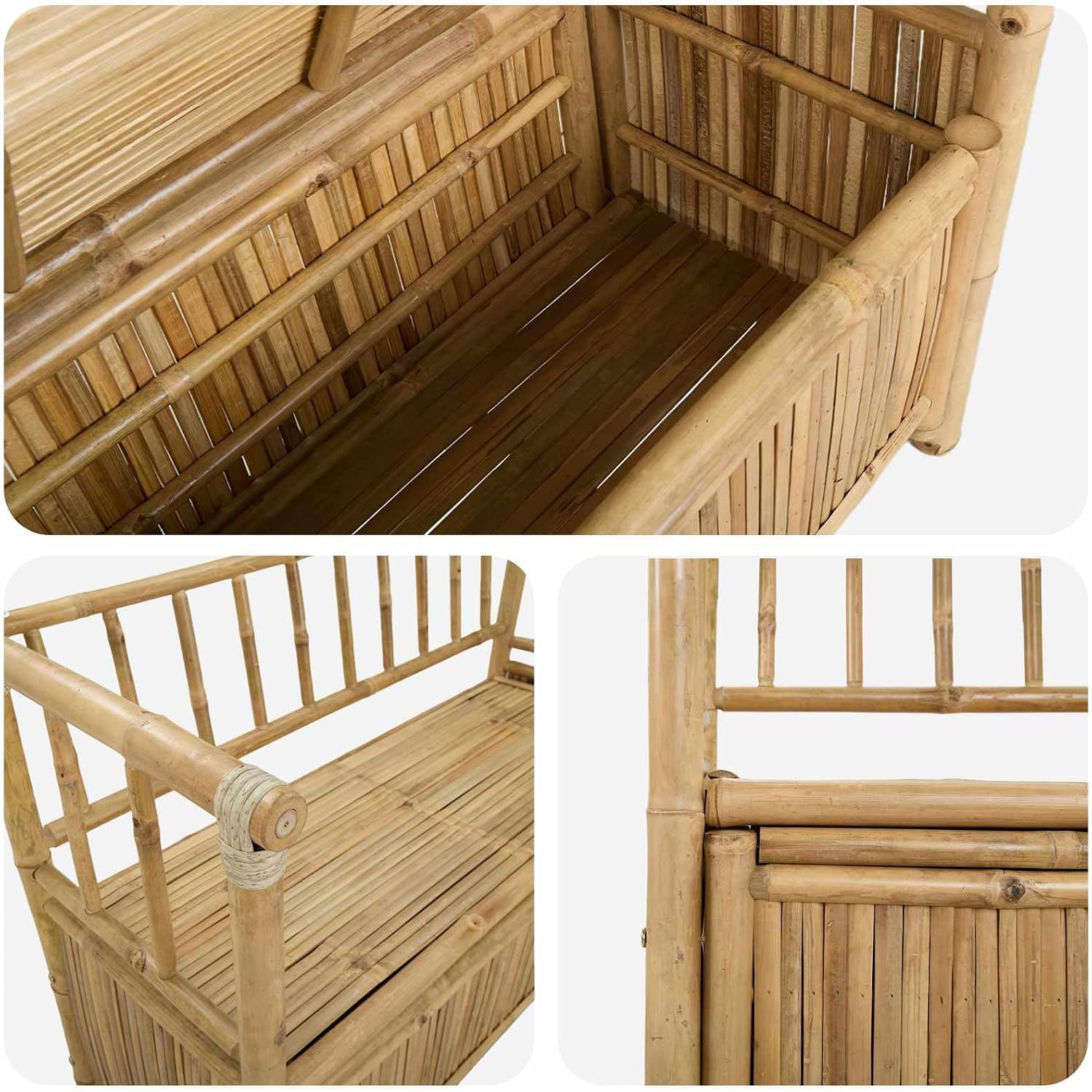 Bamboo Garden Storage Bench 110x47x80 cm, Outdoor Storage Bench with Hidden Compartment, Natural Finish Post Leg Design for Patio