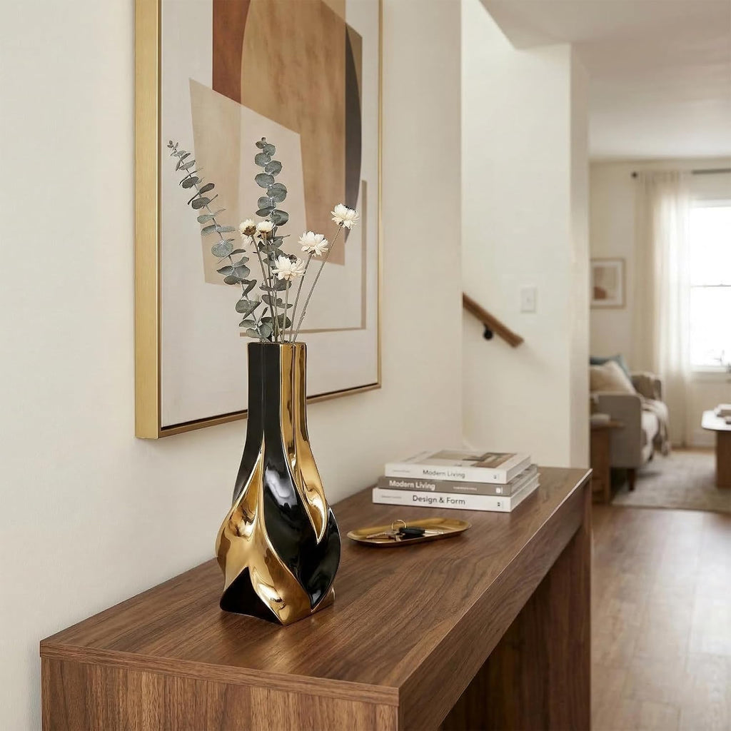 10.6" Black and Gold Ceramic Vase, Modern Geometric Flower Vase for Dining Table Centerpiece, Elegant Decorative Vase for Pampas Grass, Living Room, Bedroom, Office, Tabletop Decoration