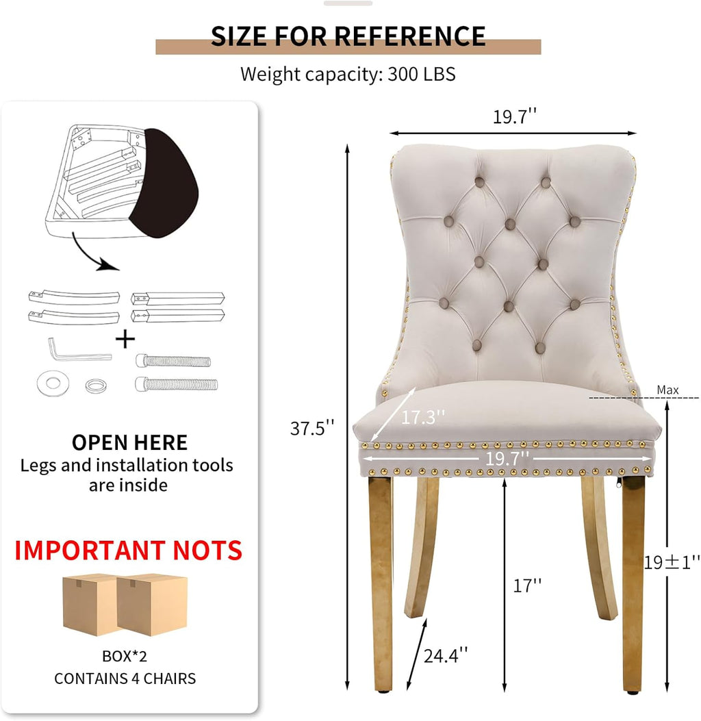 Mid Century Modern Dining Chairs Set of 4, Beige Velvet Upholstered Tufted Back, Kitchen & Dining Room Chairs, Gold Metal Legs, Nailhead Trim, Sillas para Comedor (Beige, 4 Pcs)