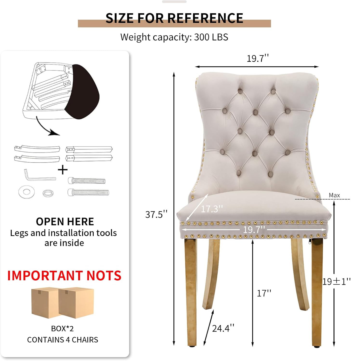 Mid Century Modern Dining Chairs Set of 4, Beige Velvet Upholstered Tufted Back, Kitchen & Dining Room Chairs, Gold Metal Legs, Nailhead Trim, Sillas para Comedor (Beige, 4 Pcs)