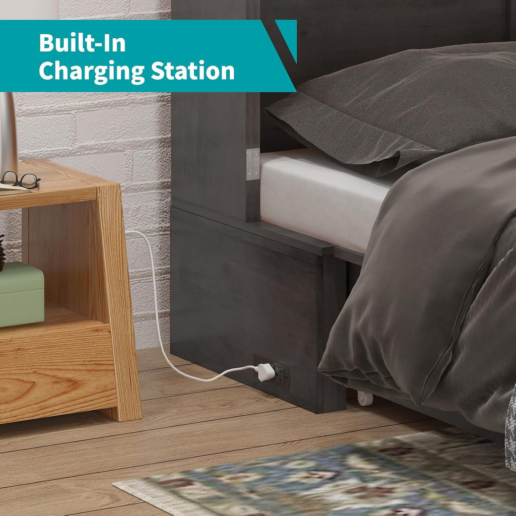 BALUS Queen Size Murphy Bed Cabinet, Modern Cabinet Murphy Beds with Tri-Fold Memory Foam Mattress for Bedroom, Adults Chest Wall Bed with Built-in USB Charging Station, Storage Drawer (Dark Grey)