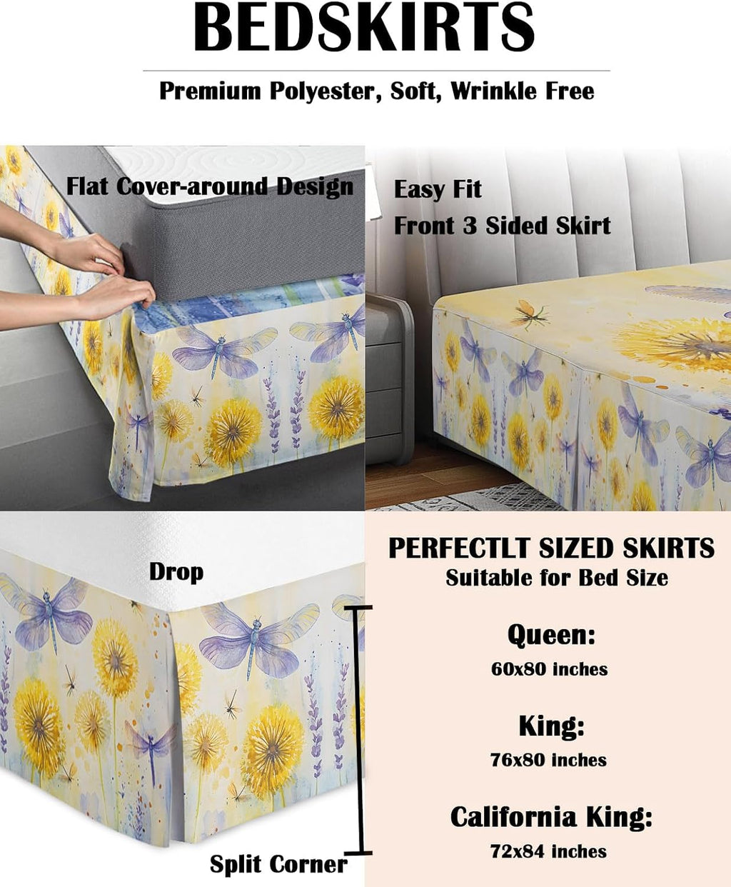 Bed Skirt Queen Size Yellow Dandelions Pleated Dust Ruffle Easy Fit Bedskirts with 16 Inch Drop Purple Dragonfly Wrinkle and Fade Resistant Bedroom Decor