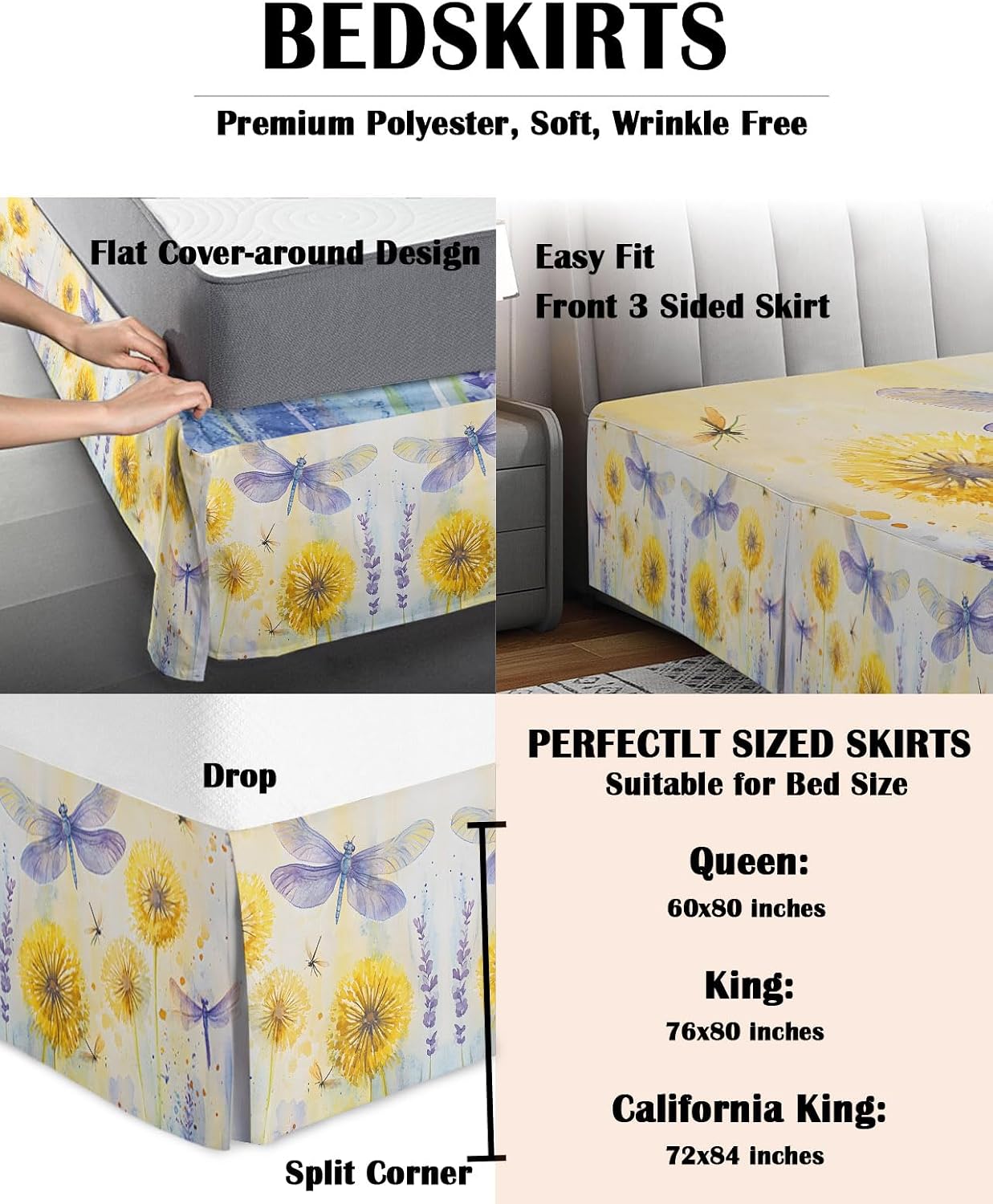 Bed Skirt Queen Size Yellow Dandelions Pleated Dust Ruffle Easy Fit Bedskirts with 16 Inch Drop Purple Dragonfly Wrinkle and Fade Resistant Bedroom Decor