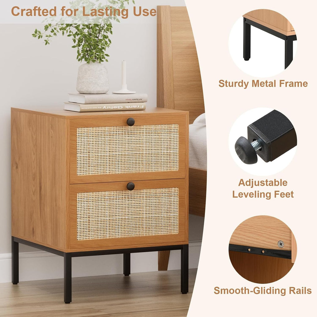 XIAO WEI Rattan Nightstand Set of 2, Boho Bedside Table with 2 Drawers | Natural Rattan End Table Side Table for Bedroom, Living Room