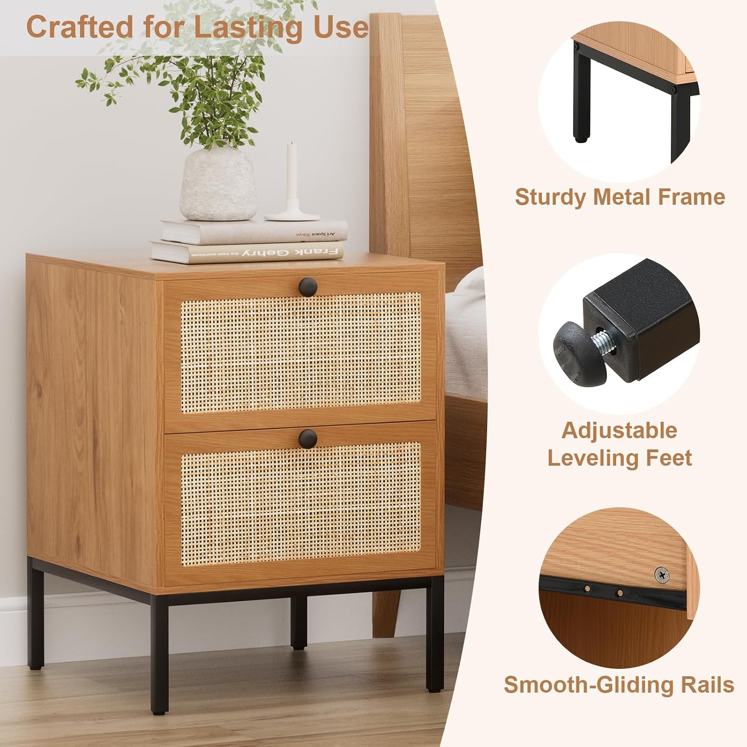 XIAO WEI Rattan Nightstand Set of 2, Boho Bedside Table with 2 Drawers | Natural Rattan End Table Side Table for Bedroom, Living Room