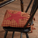 VHC Brands 14"x14" Chair Cushion for Small Dining Chairs with Ties, Burgundy Tan Star Check Plaid, Primitive Farmhouse Indoor Kitchen Seat Cushion, Set of 4