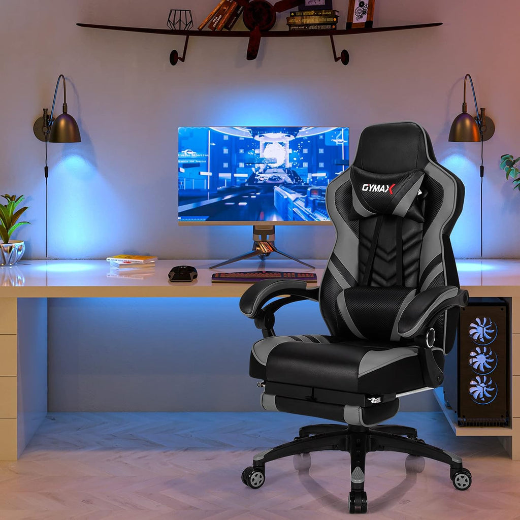 GYMAX Gaming Chair, Ergonomic Computer Chair with Footrest, Linkage Armrests & Lumbar Cushion, Big Wide High Back Video Gaming Chair, Reclining Office Rolling Chair for Adult/Teens (Gray)