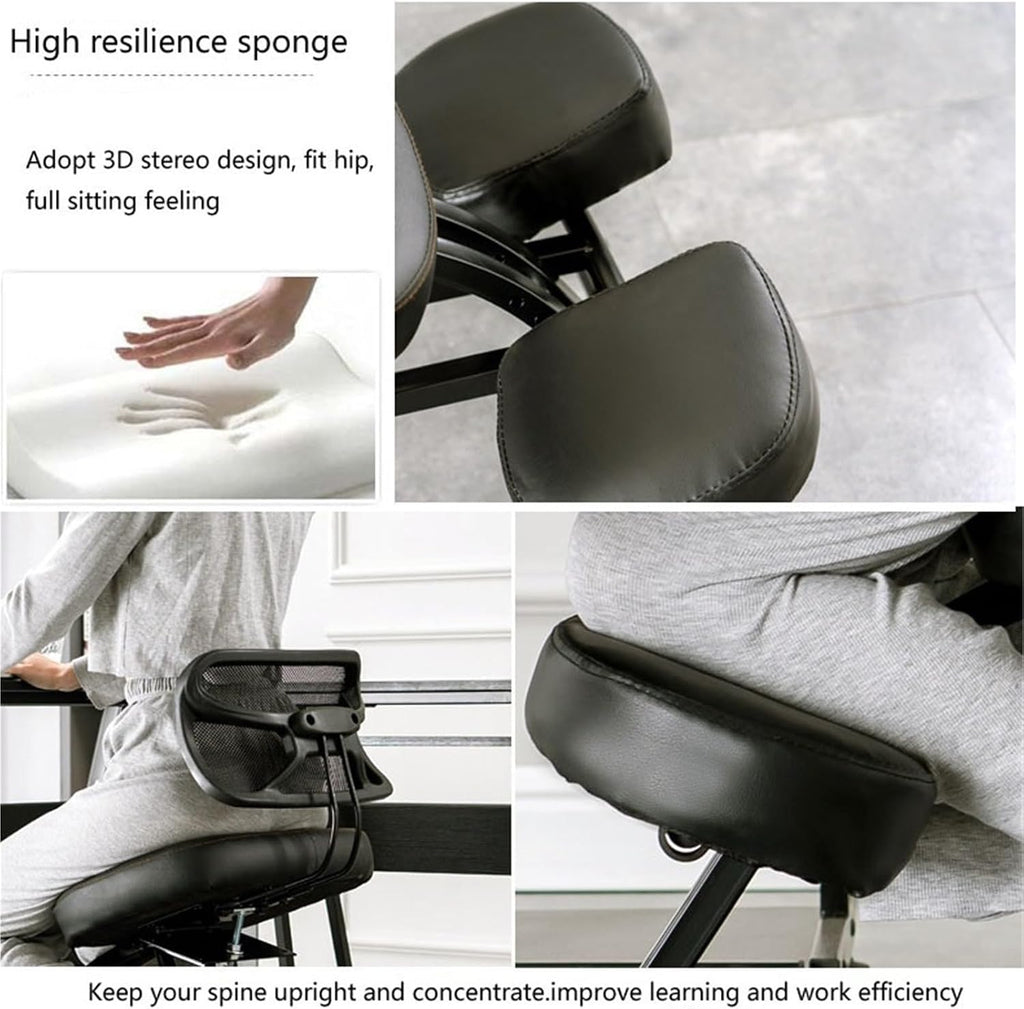 Ergonomic Kneeling Chair with Adjustable Back Support & Wheels, Posture Correction Desk Chair for Home Office to Relieve Back Pain
