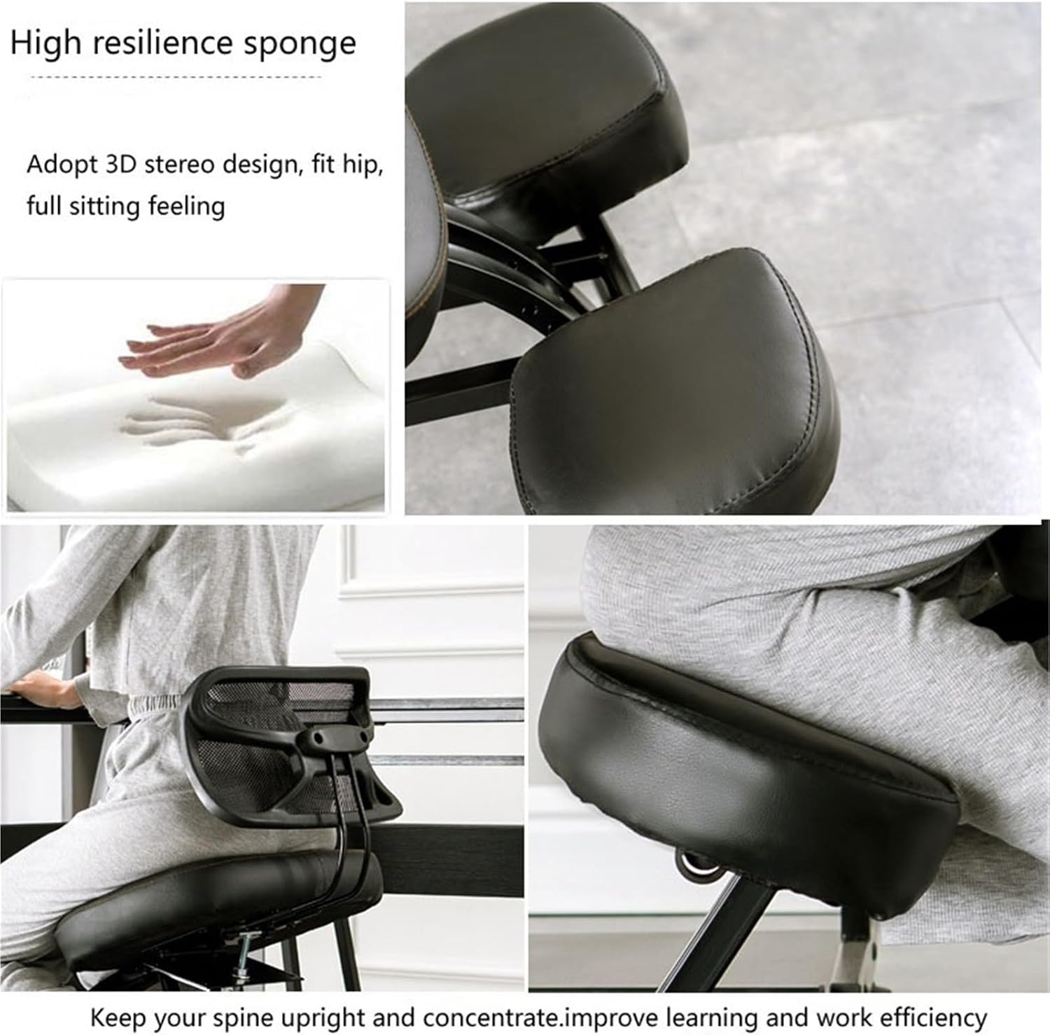 Ergonomic Kneeling Chair with Adjustable Back Support & Wheels, Posture Correction Desk Chair for Home Office to Relieve Back Pain