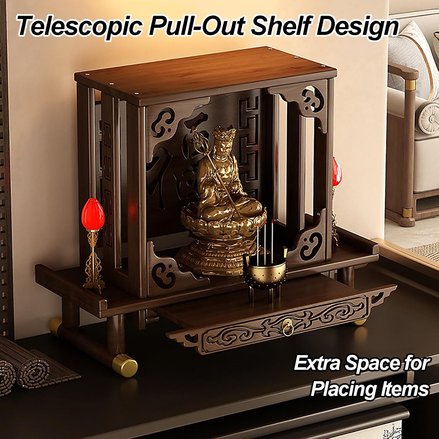 Small Altar Table Solid Wood, Pooja Meditation Table with Telescopic Pull-Out Storage Board, Butsudan, Buddhist Altar Shelf Countertop Type(66x26x50 cm/26x10x20 in)