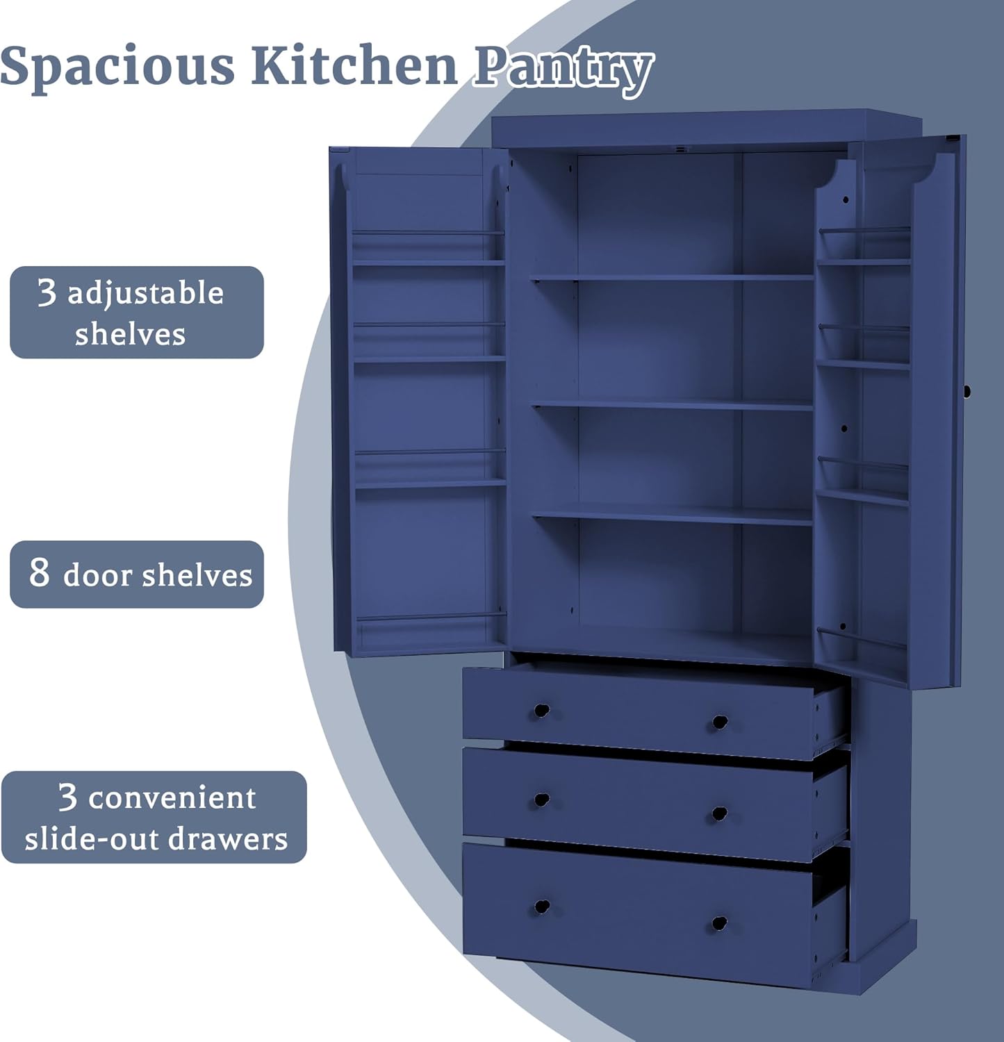 roomfitters 77 Inch Farmhouse Kitchen Pantry Cabinet with 8 Door Shelves and 3 Drawers, Tall Cupboard, Blue