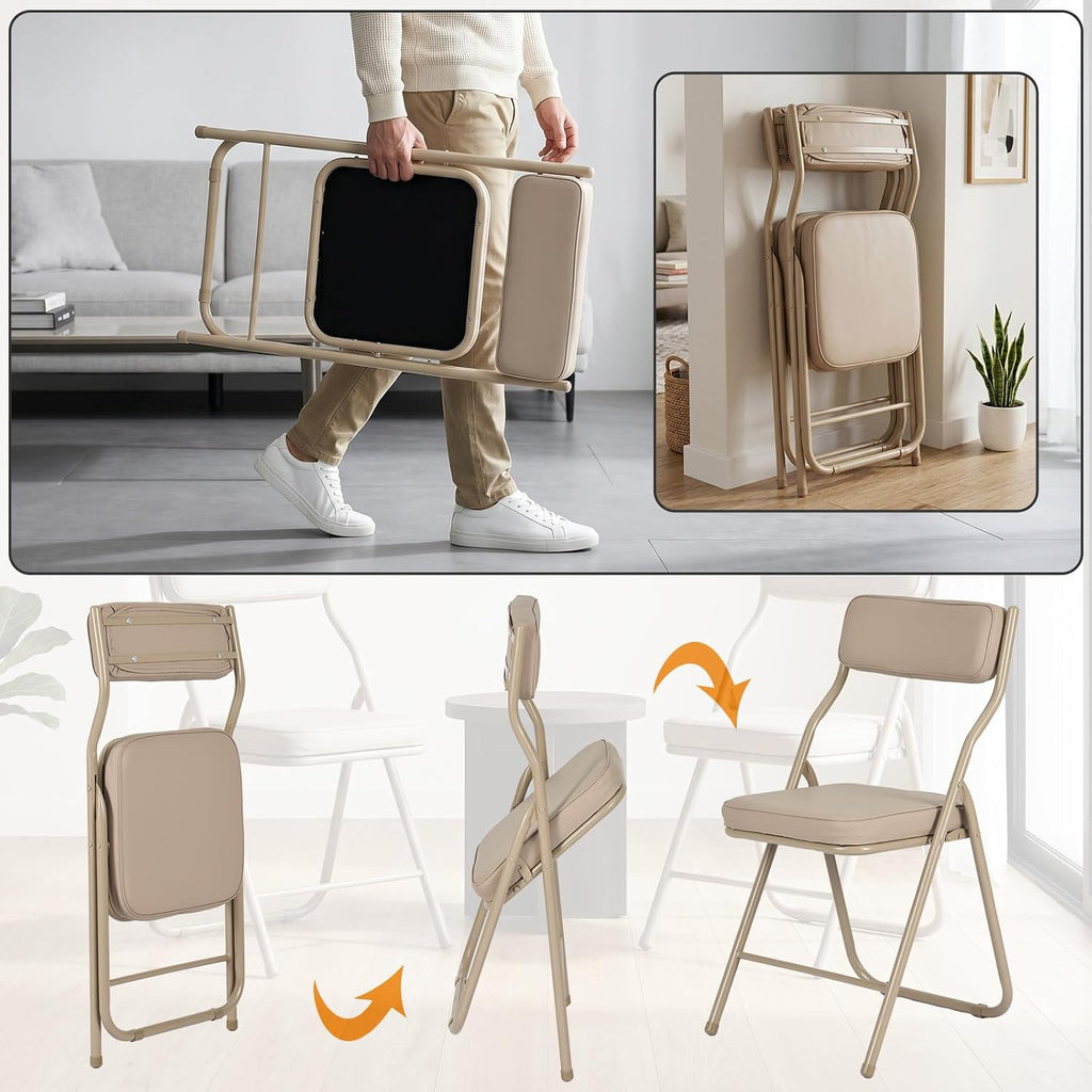2 Pack Padded Folding Chairs with Cushion, Foldable Dining Chair Set Portable Indoor Outdoor Stackable Folding Chairs with Steel Frame for Home Office Events Wedding Party Khaki