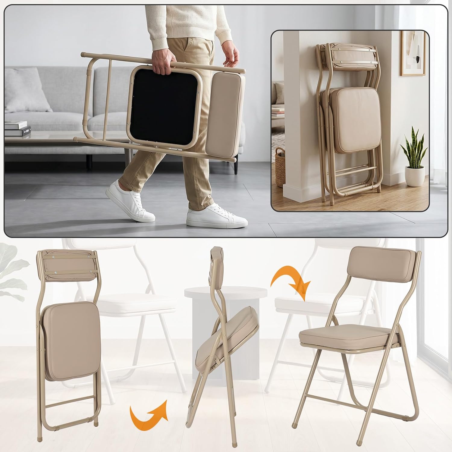 2 Pack Padded Folding Chairs with Cushion, Foldable Dining Chair Set Portable Indoor Outdoor Stackable Folding Chairs with Steel Frame for Home Office Events Wedding Party Khaki