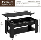 Yaheetech Wooden Coffee Table, Lift Top Coffee Table with Large Hidden Storage Shelf, Lift Tabletop Dining Tables for Living Room, Home Small Space, 38.6in, Black
