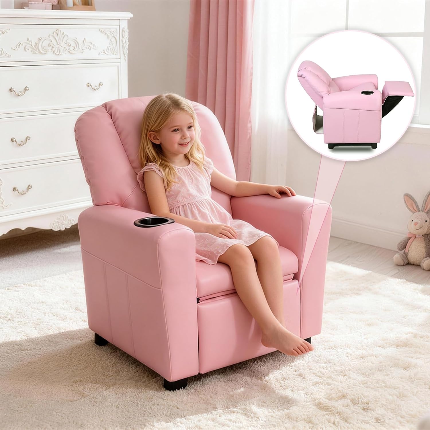Kids Recliner with Cup Holder, PU Leather Toddler Recliner for Kids Age 1-4 w/Backrest & Footrest, Children’s Lounge Chair for Boys & Girls, Small Recliner for Bedroom Playroom Living Room (Pink)