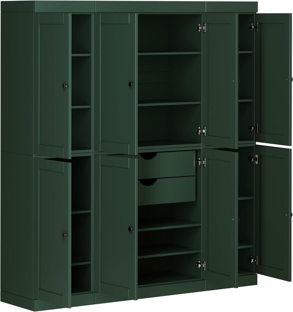 Palace Imports Solid Wood Pantry Cabinet – 71.5" Tall, 65" W - Wooden Storage Cabinet w/ 8 Shaker Doors, 2 Drawers & 12 Adjustable Shelves for Kitchen – Green, 100% Eco-Friendly Wood, Made in Brazil