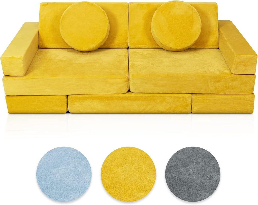 Lunix LX15 Modular Kids Couch 14pcs – Blue + Replacement Yellow Cover – Convertible Play Sofa for Toddlers & Kids – Washable, Soft Foam for Climbing, Building & Resting – Bundle and Save 10%