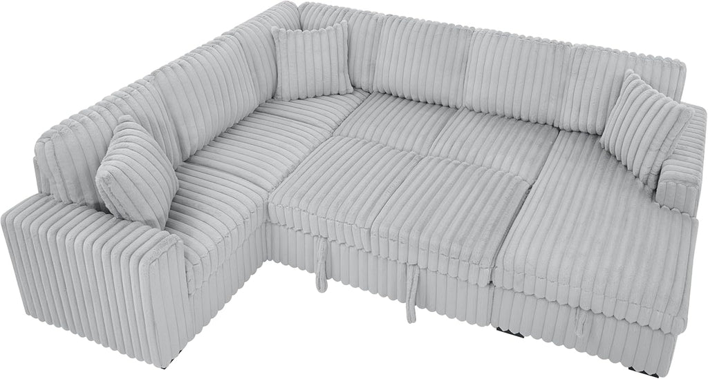 122" Oversized Sectional Sleeper Sofa with PullOut Bed - Gifts for Men Women,U Shape Sectional Couch with Storage Chaise Lounge for Apartment,6 Seat Corduroy Sofa with USB Port-Gray