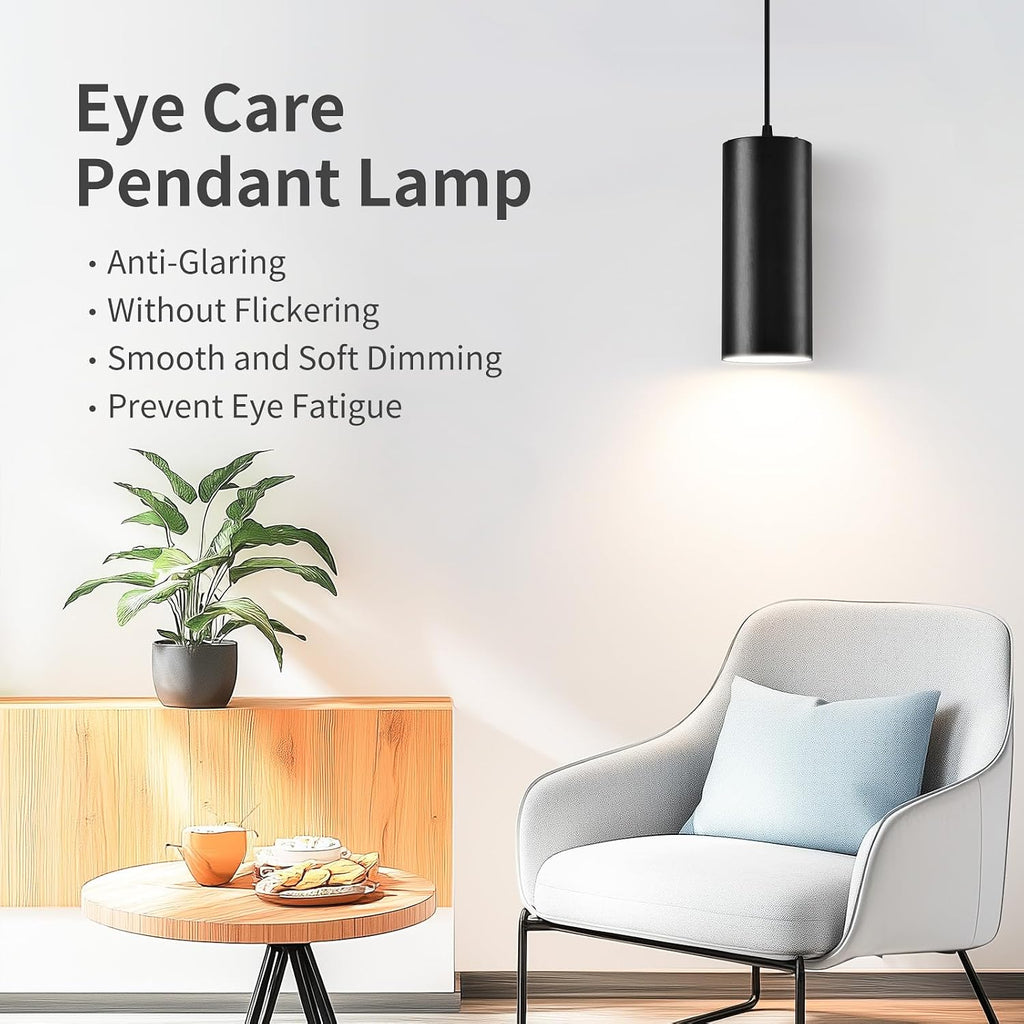 4" Pendant Lights Kitchen Island, 25W Cylinder Hanging Lights with Dipswitch, Modern Eye Care Led Pendant Lamp fixtures for Bedroom, Living Room, Office (Black, 2 Pcs)