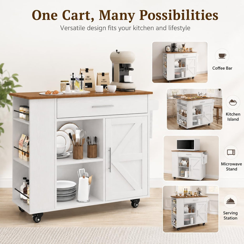 4 EVER WINNER 39" Rolling Kitchen Island with Storage and Drawer, Farmhouse Kitchen Island on Wheels with 3-Tier Spice Rack, Adjustable Shelf & Towel Rack, Mobile Kitchen Cart for Small Space, White