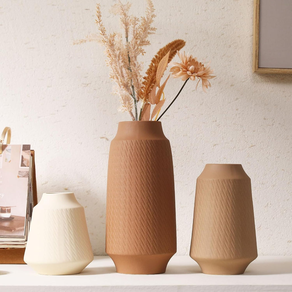 Joeabor Ceramic Vase Set of 3 - Handcrafted Ceramic Vases for Home Decor & Shelf - Modern Farmhouse Decor for Kitchen, Office, Bedroom & Living Room Decorative Objects for Mantel, Table Centerpieces