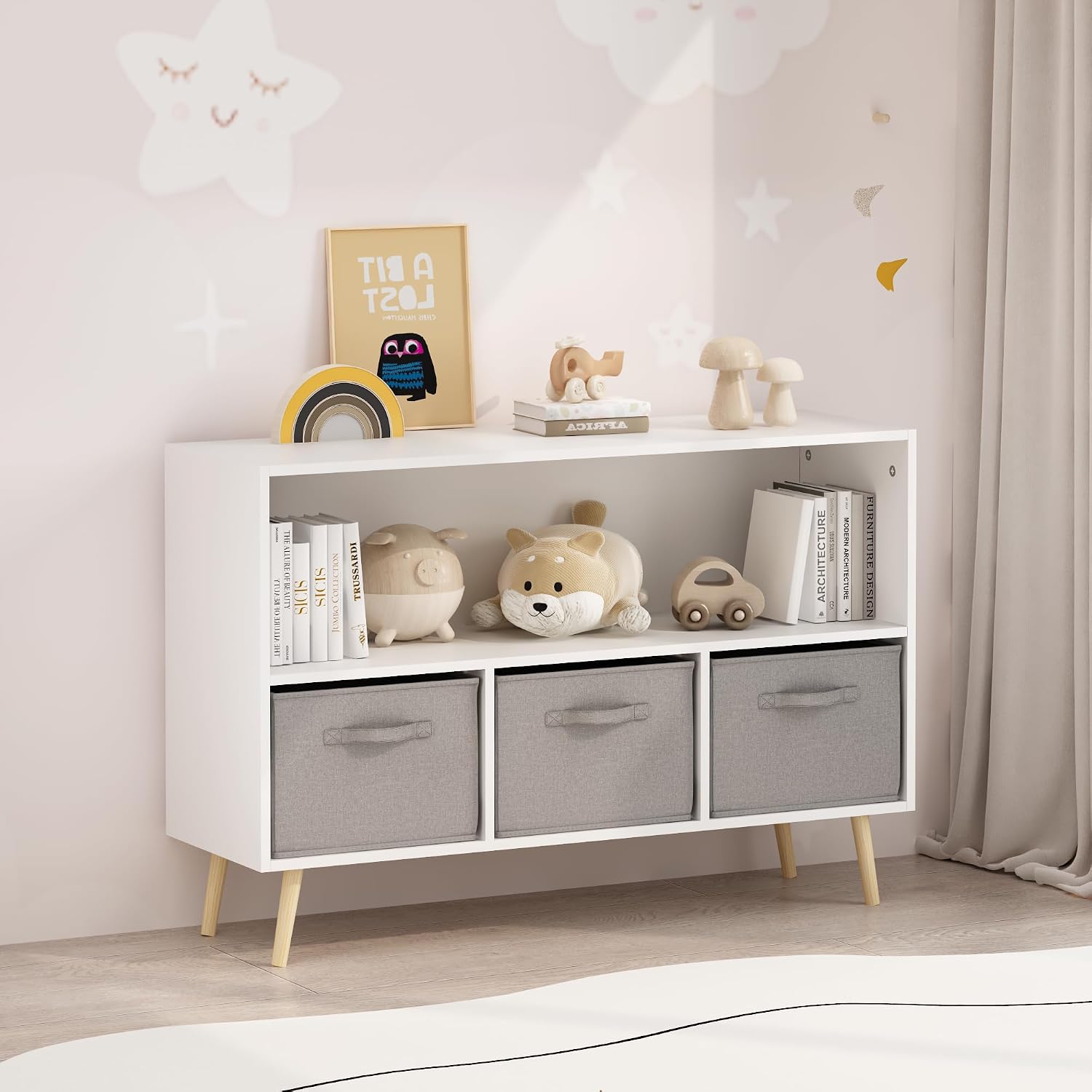 Kids Bookcase, Multi Shelf Cubby with 3 Collapsible Fabric Drawers, 3-in-1 Toy Storage Cabinet Organizer, Wooden Kids Book Display for Bedroom, Nursery, Playroom, White+Gray