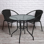 32in Outdoor Table Patio Dining Table Outdoor Dining Table with Umbrella Hole Round Tempered Glass for Yard Bistro Lawn Balcony