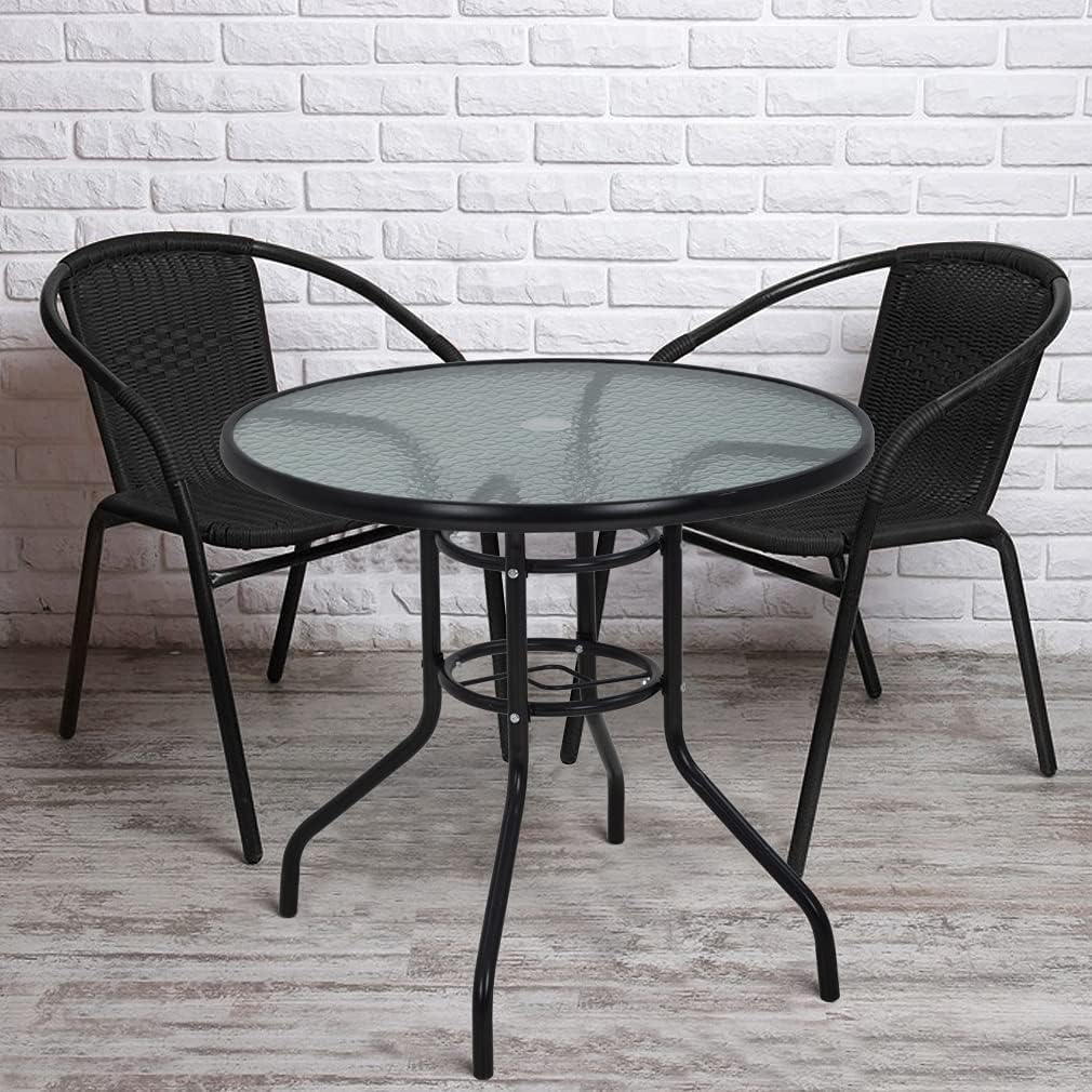 32in Outdoor Table Patio Dining Table Outdoor Dining Table with Umbrella Hole Round Tempered Glass for Yard Bistro Lawn Balcony