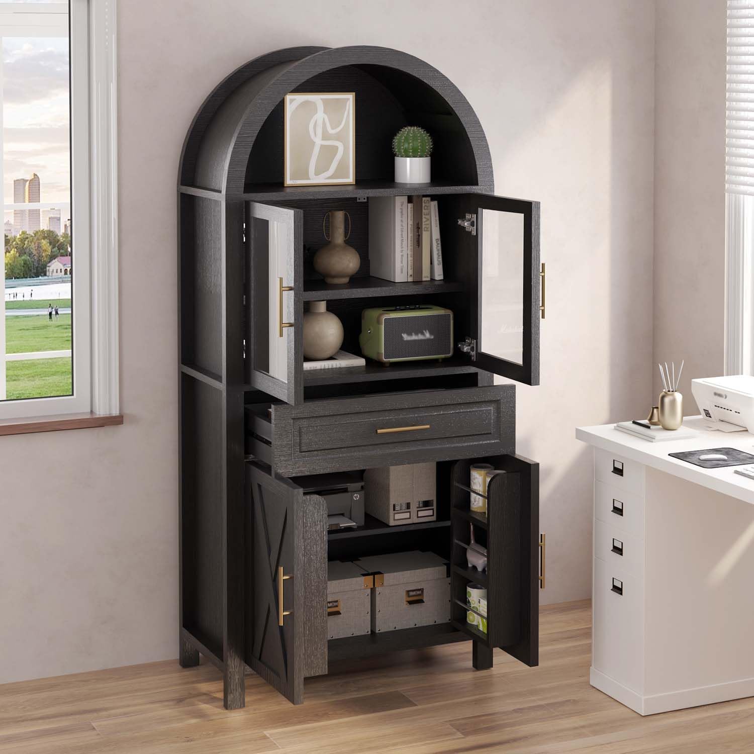 71" Tall Arched Kitchen Pantry Cabinet with Glass Door, Versatile Cupboard with Adjustable Shelves & Barn Door Design, Farmhouse Wooden Storage Cabinet for Kitchen, Living & Dining Room (Black)
