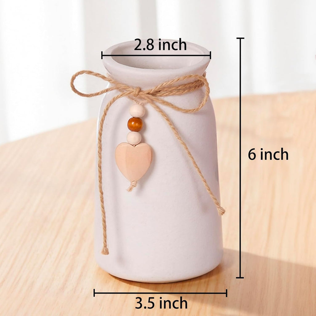 Charming 6-Inch Ceramic Vase | Jute Rope & Heart Charm Vase for Bohemian Farmhouse & Boho Décor, White Color
