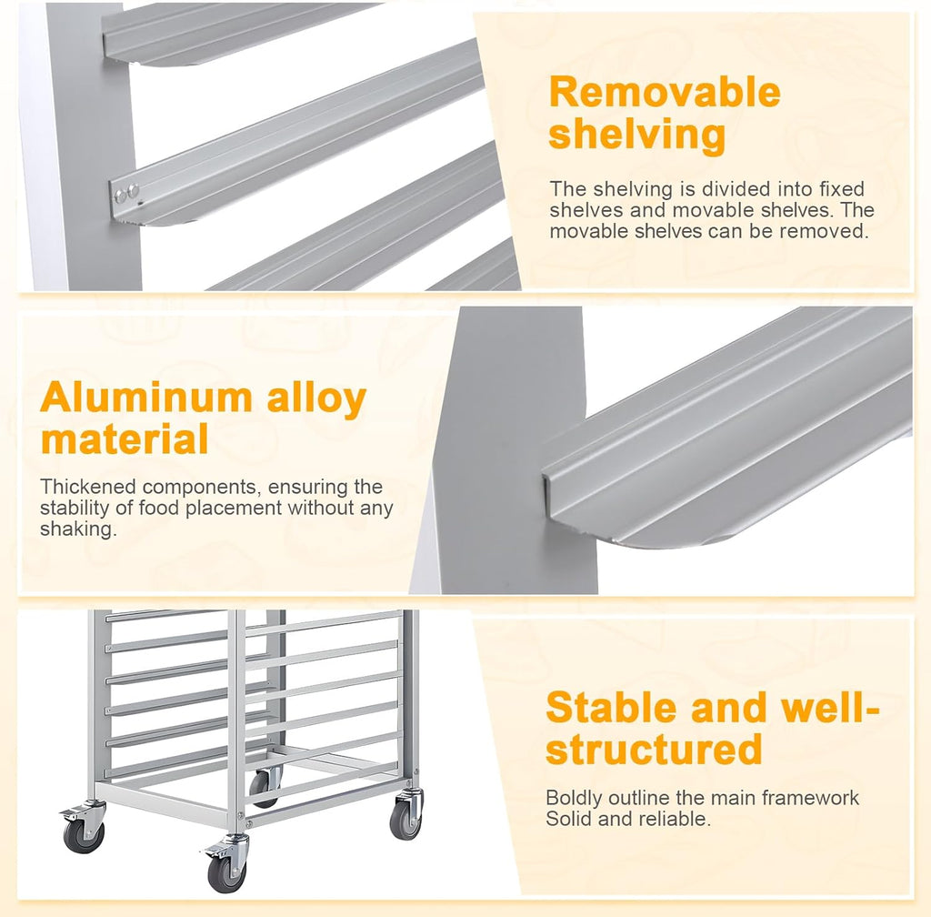 Bun Pan Rack,18 Tier Aluminum Commercial Bakery Racks with 4 Wheels, Home Commercial Kitchen Bakery Cooling Rack for Restaurant Cafeteria Pizzeria, 18.5" W x 24.6" Lx 70" H
