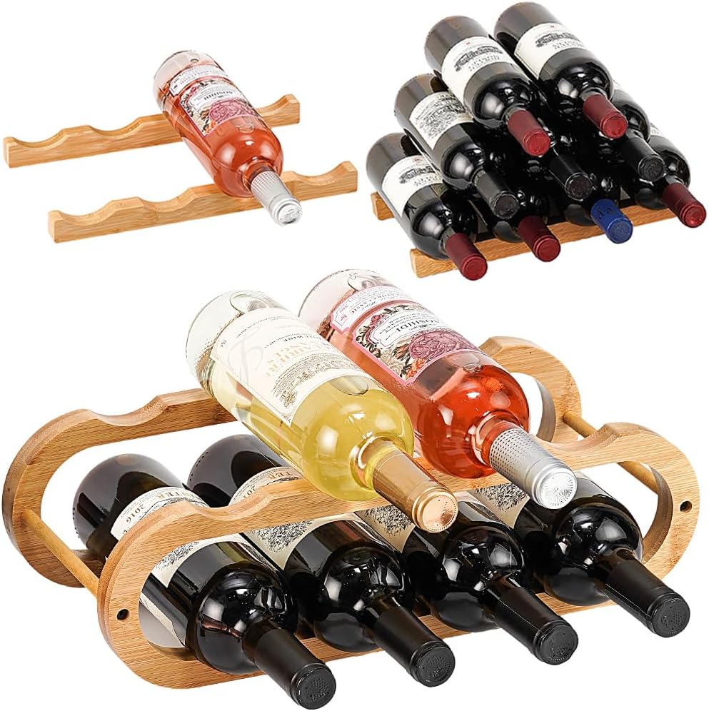 Wine Rack for Cabinet and Countertop - Adjustable in 2 Sizes - 3 Pack (2 Tier + 1 Tier+1 Tier) (Bamboo, Natural)