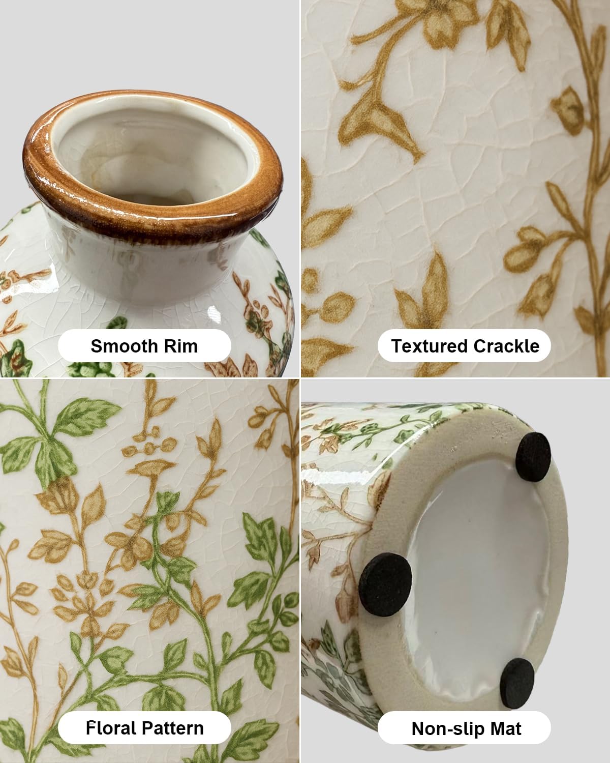 Ceramic Vase Set of 3, Vintage Ceramic Flower Vases, Crackle-Glaze & Distressed Rim, Brown & Green Botanical Pattern, for Home Decor, Living Room Mantel & Dining Table Centerpiece