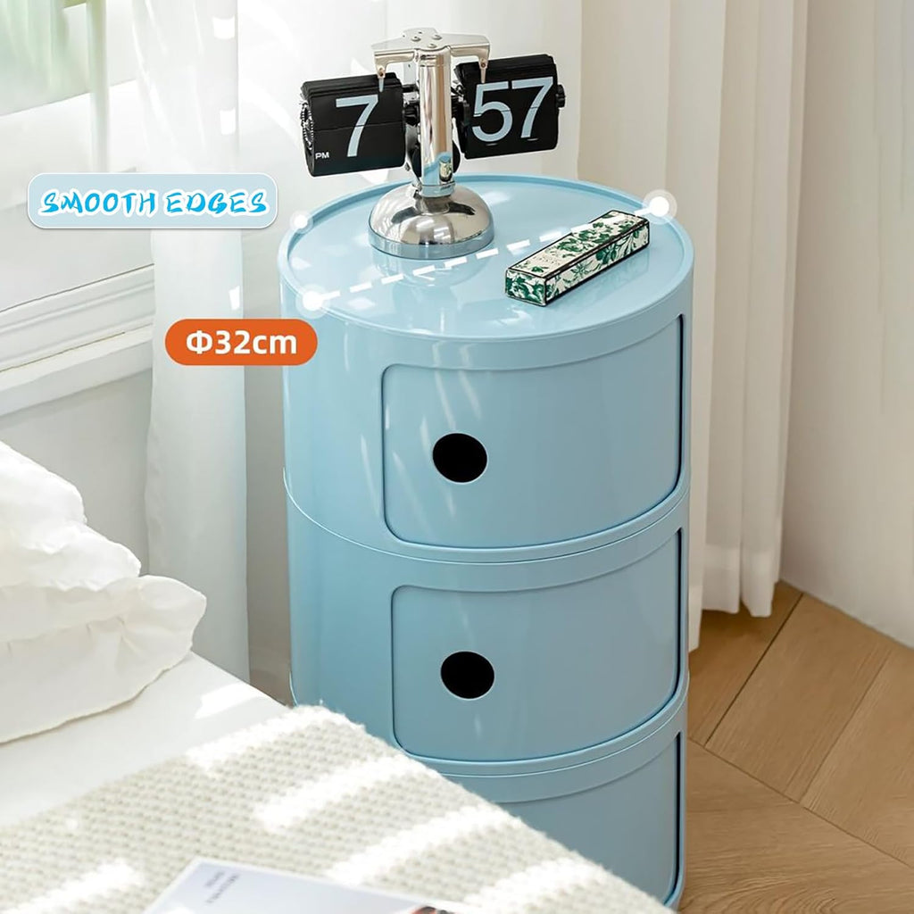 3 Tier Round Nightstand with Drawer, Royal Blue Round Side Table Small Plastic Storage End Table for Bedroom, Living Room, Bathroom