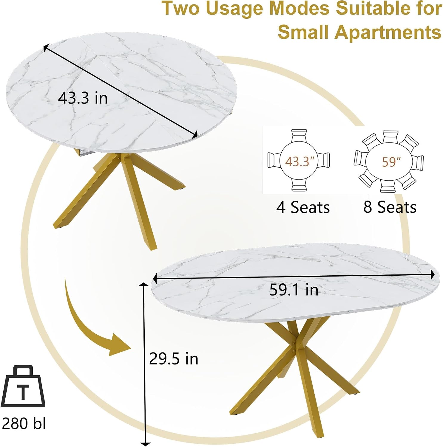 42''-59'' Extendable Dining Room Table for 4-6, White Marble Round Dining Table, Modern Kitchen Circle Oval Dinner Table with Carbon Steel Base Removable Leaves Space Saving, Mid-Century