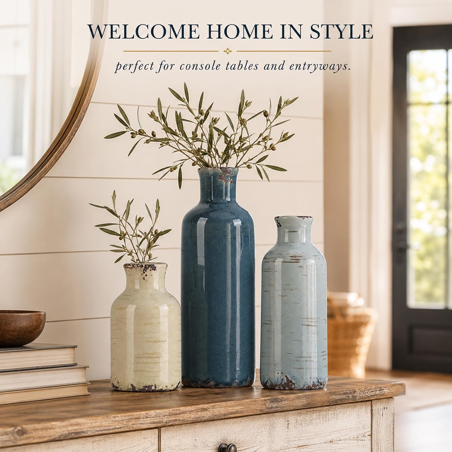 Ceramic Vase Set of 3 for Home Decor, Multicolor Coastal Rustic Farmhouse Decorative Vases, Distressed Blue Grey Beige Ceramic Flower Vase Set for Shelf Table Mantel Entryway Decor