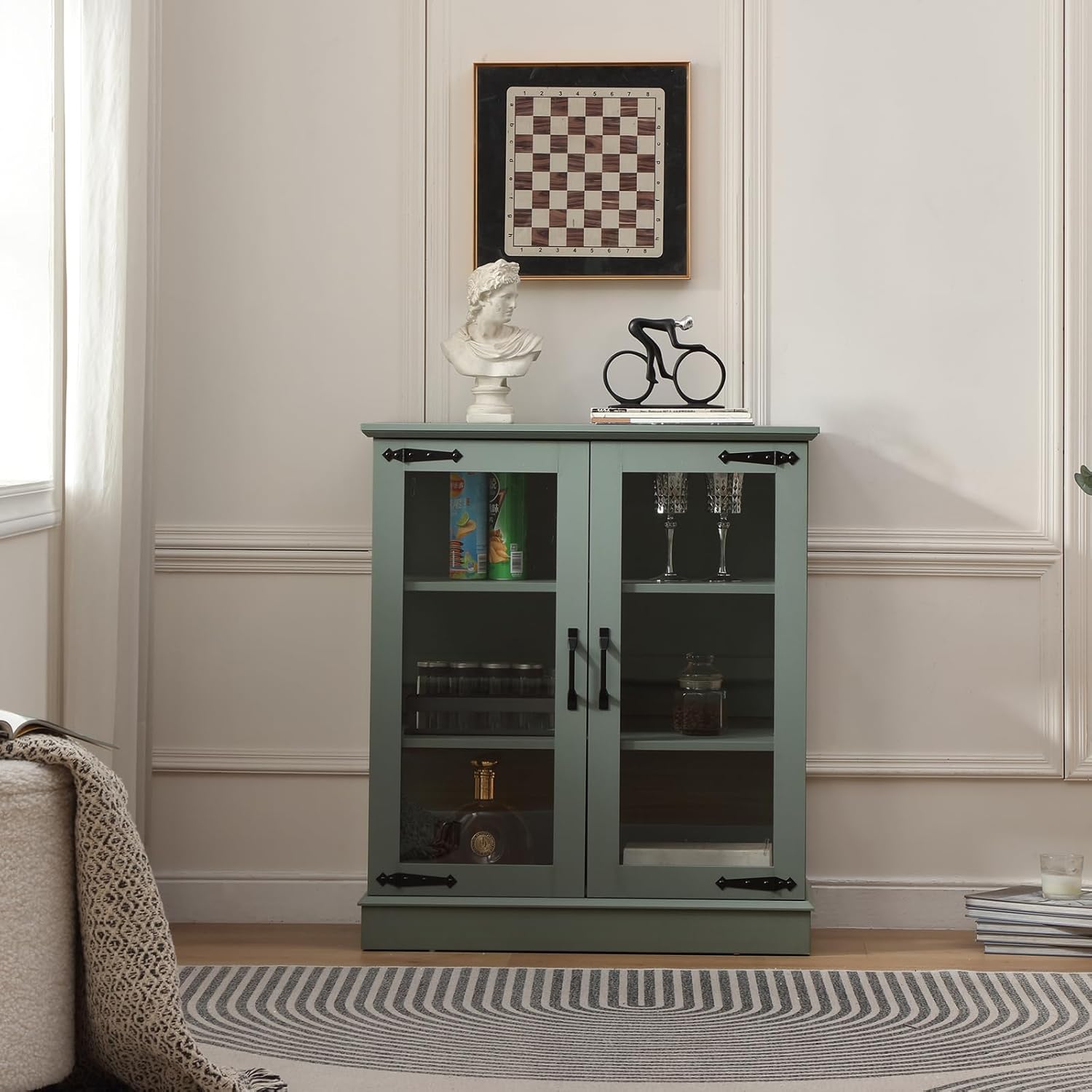 FOREST GRAVITY 31.5'' Small Display Buffet Cabinet with Glass Doors for Great Showcase,Small Coffee bar Cabinet with one Adjustable Shelf and one Fixed Shelf,Modern Sideboard Buffet for Kitchen,Green