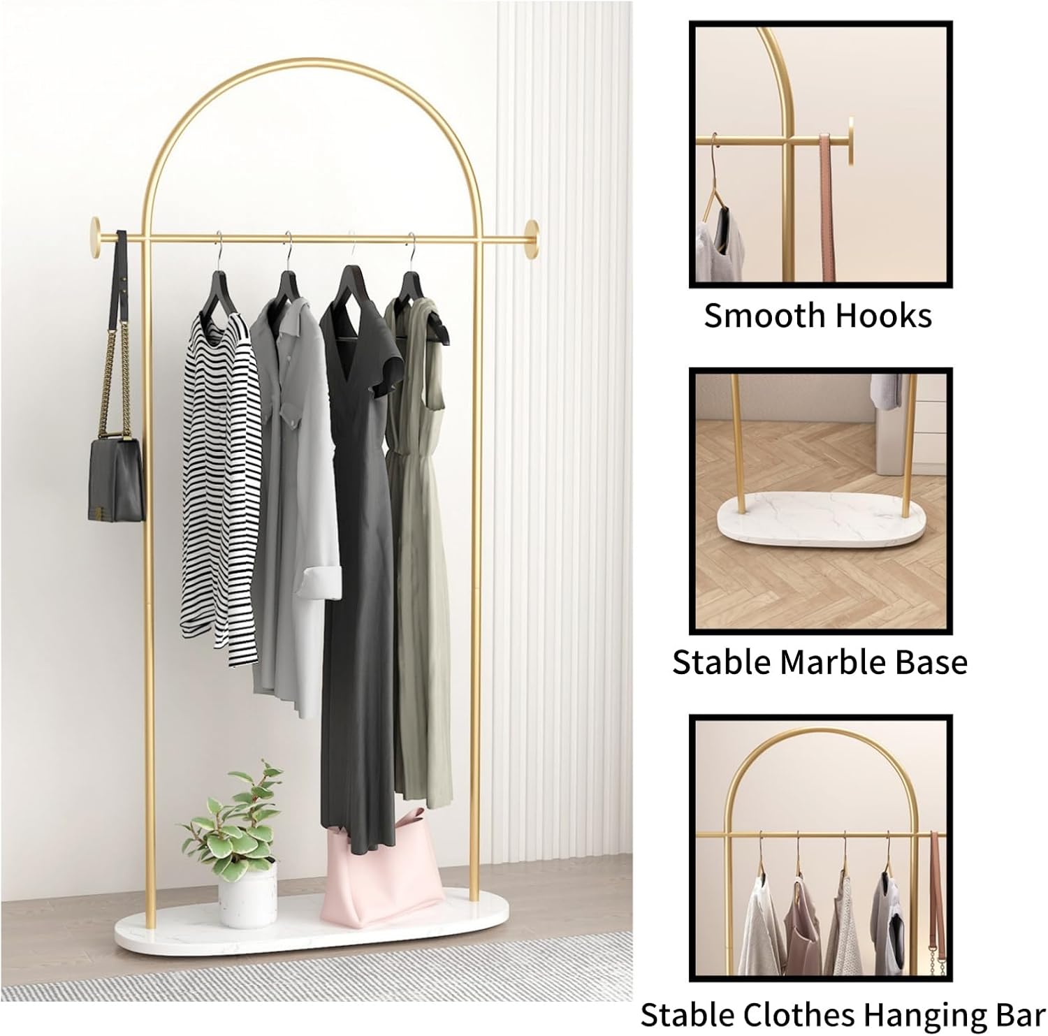 Modern Gold Coat Racks with Marble Base, Gold Clothing Racks with Shelves, Heavy Duty Clothes Rack Stand for Entryway, Bedroom, Living Room, Boutiques