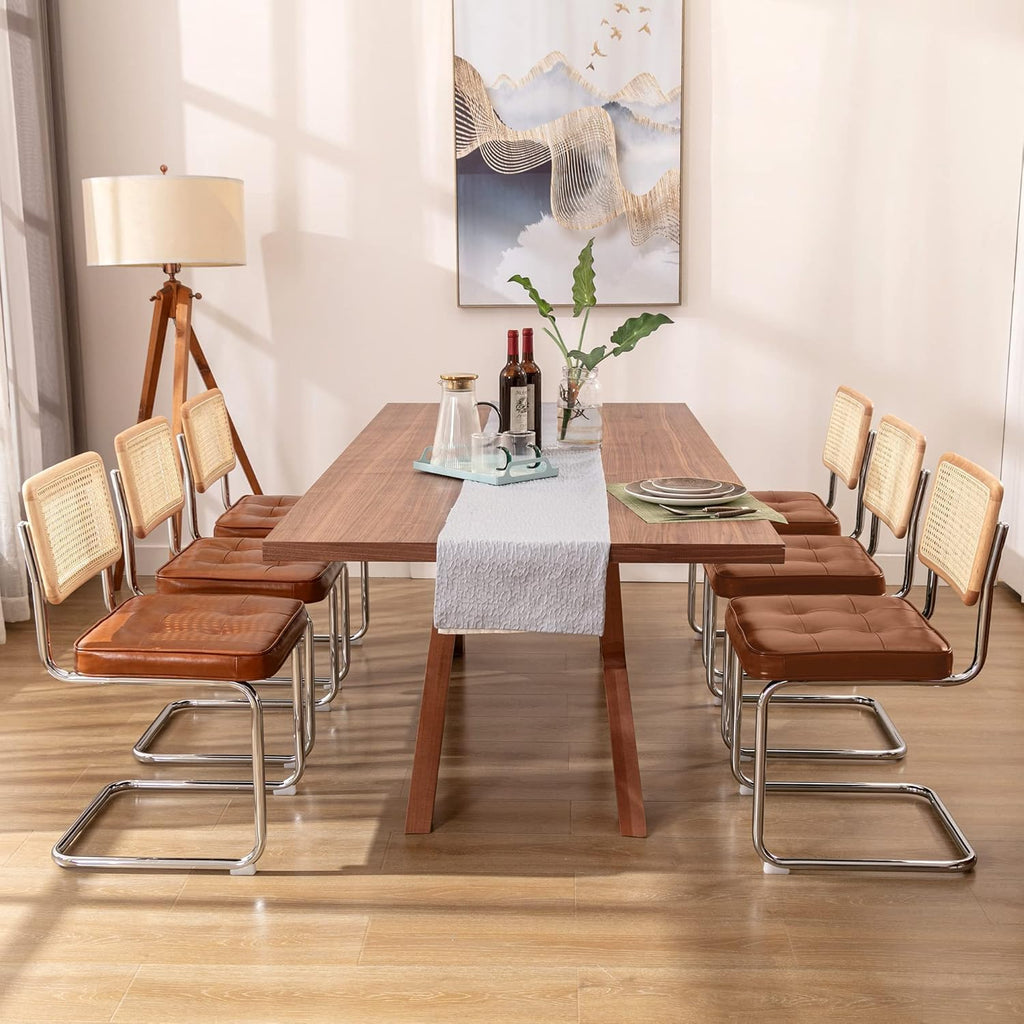 Zesthouse Natural Rattan Dining Chairs Set of 2, Mid Century Modern Dining Room Chairs with Chrome Leg, Faux Leather Kitchen Chair with Solid Wood Back & Cane Mesh, Breuer Cesca Design Inspired, Brown
