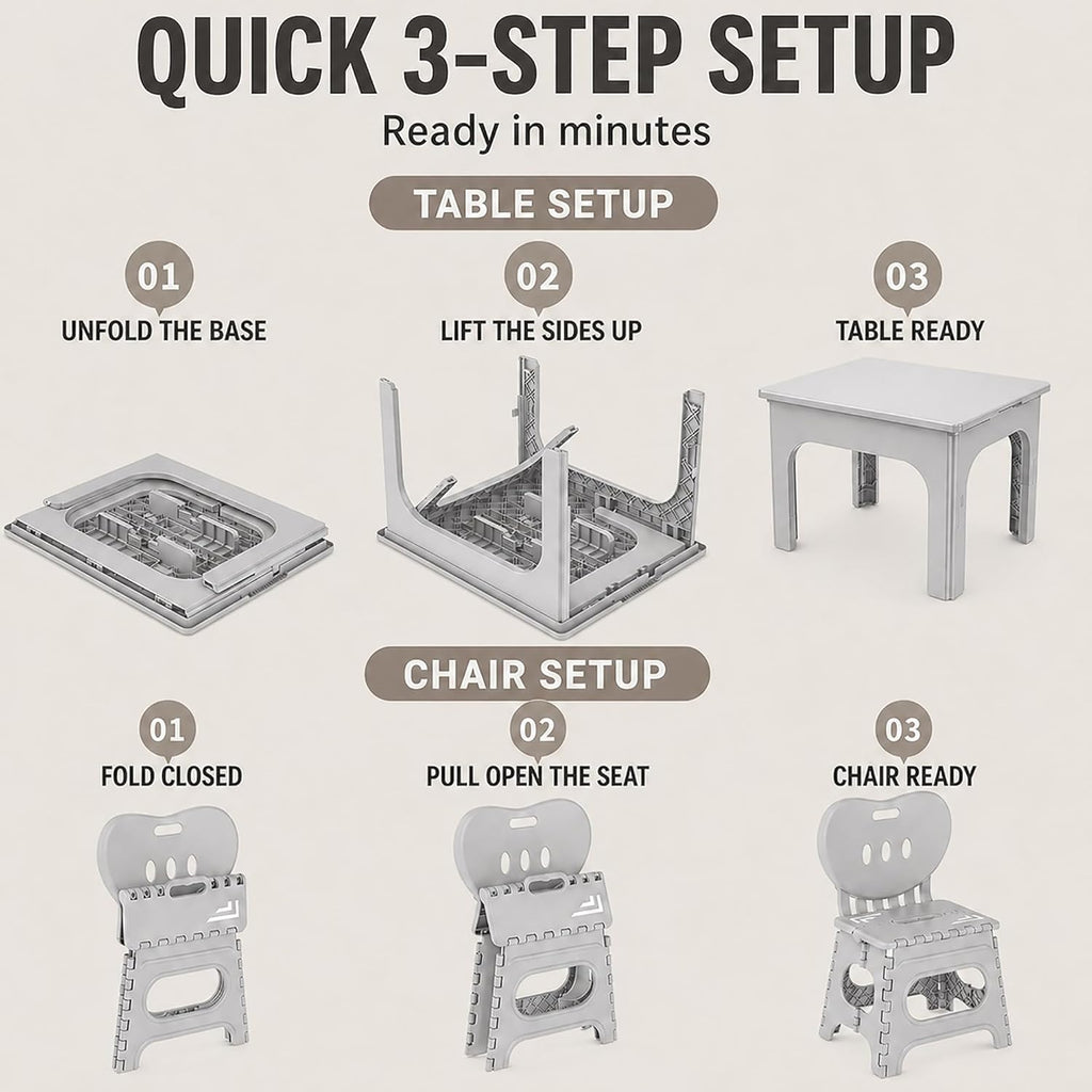 UNICOO Foldable Table and Chair Set, Height Adjustable Portable Activity Table with 2 Folding Chairs, Indoor Outdoor Kids Adults Table Set for Study, Crafts, Camping, Picnic, Snacks, Small Spaces