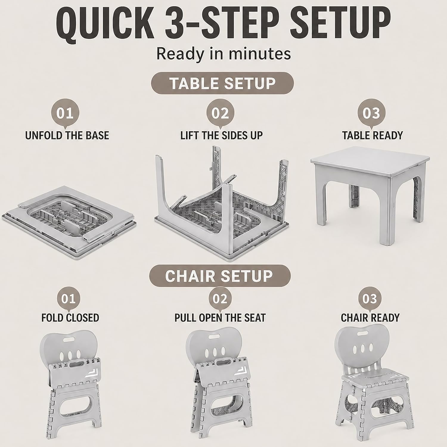 UNICOO Foldable Table and Chair Set, Height Adjustable Portable Activity Table with 2 Folding Chairs, Indoor Outdoor Kids Adults Table Set for Study, Crafts, Camping, Picnic, Snacks, Small Spaces