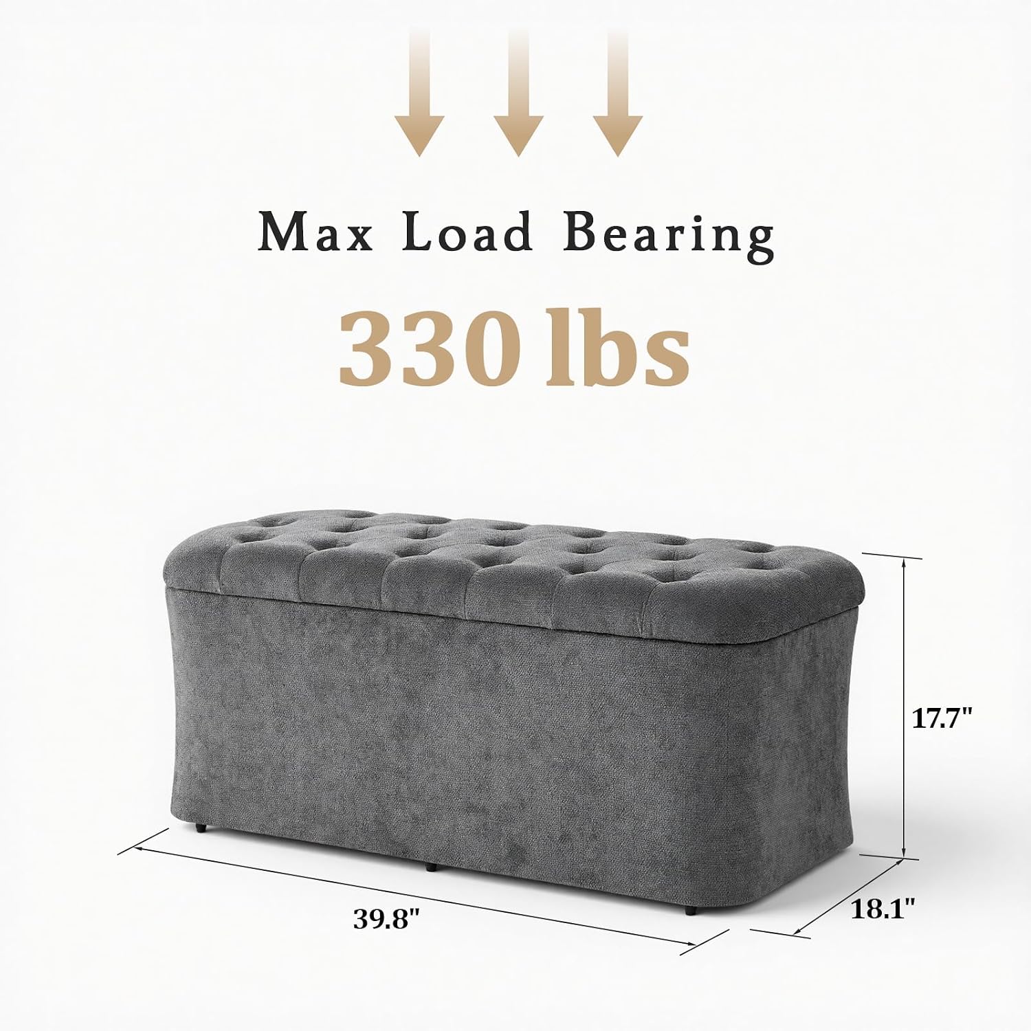 ONBRILL Storage Ottoman Bench, End of Bed Bench, 39.8 x 18.1 x 17.7 Inches Pouf Ottoman Foot Rest, Storage Benches Chest for Bedroom Entryway Living Room, Max 330 lbs, Grey