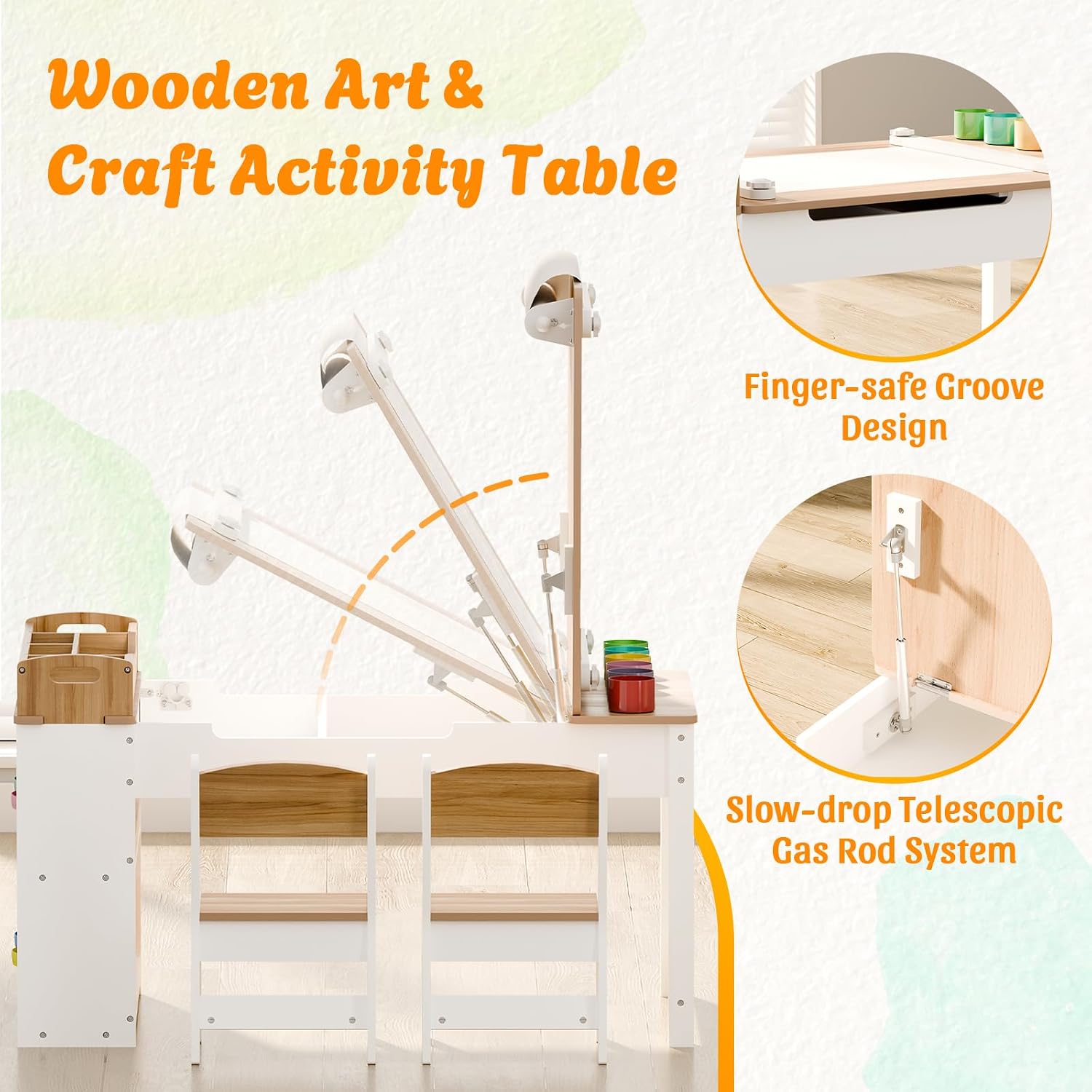 Kids Art Table and Chair Set with 2 Chair & Bins, 44" L x 24" W, Natural | Large Storage Kids Activity Desk, Toddler Craft Table and Chairs Set with Paper Roll for Playrooms & Classroom