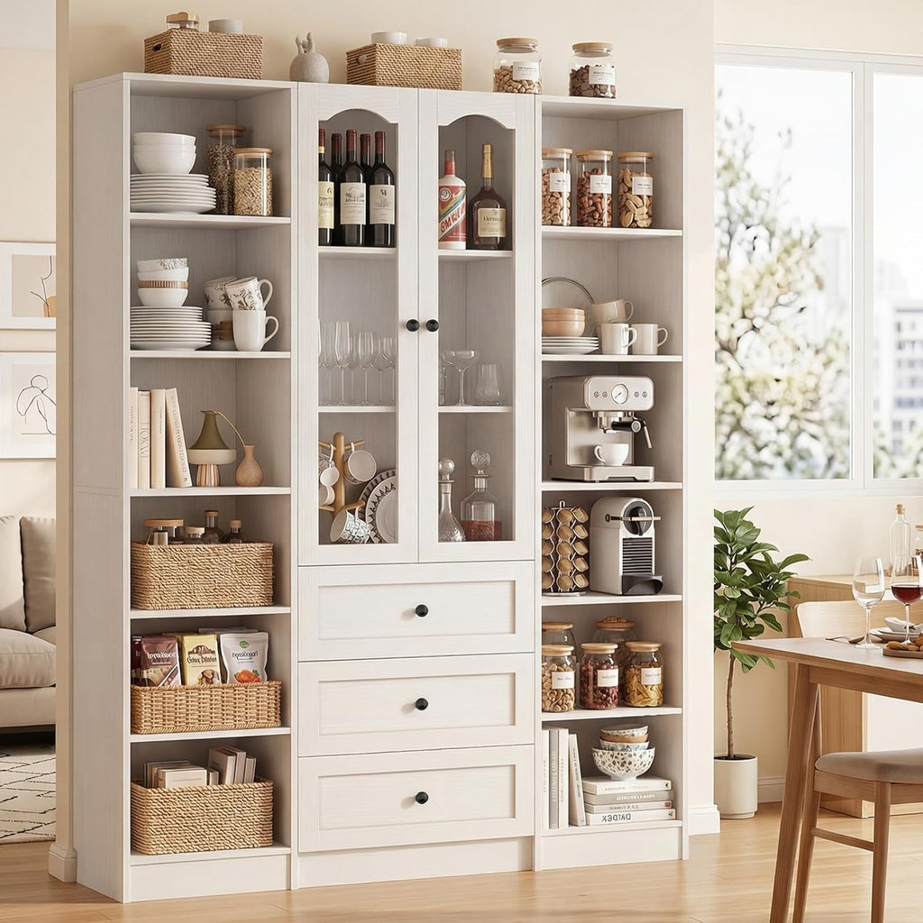 Cyclysio 3-Piece 80" Tall Pantry Cabinet Set, Large Kitchen Storage Cabinet with Arched Glass Doors and 3 Drawers, 6-Tier Open Shelving Unit with Baseboard Cutout for Flush-to-Wall Fit, White