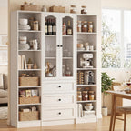 Cyclysio 3-Piece 80" Tall Pantry Cabinet Set, Large Kitchen Storage Cabinet with Arched Glass Doors and 3 Drawers, 6-Tier Open Shelving Unit with Baseboard Cutout for Flush-to-Wall Fit, White